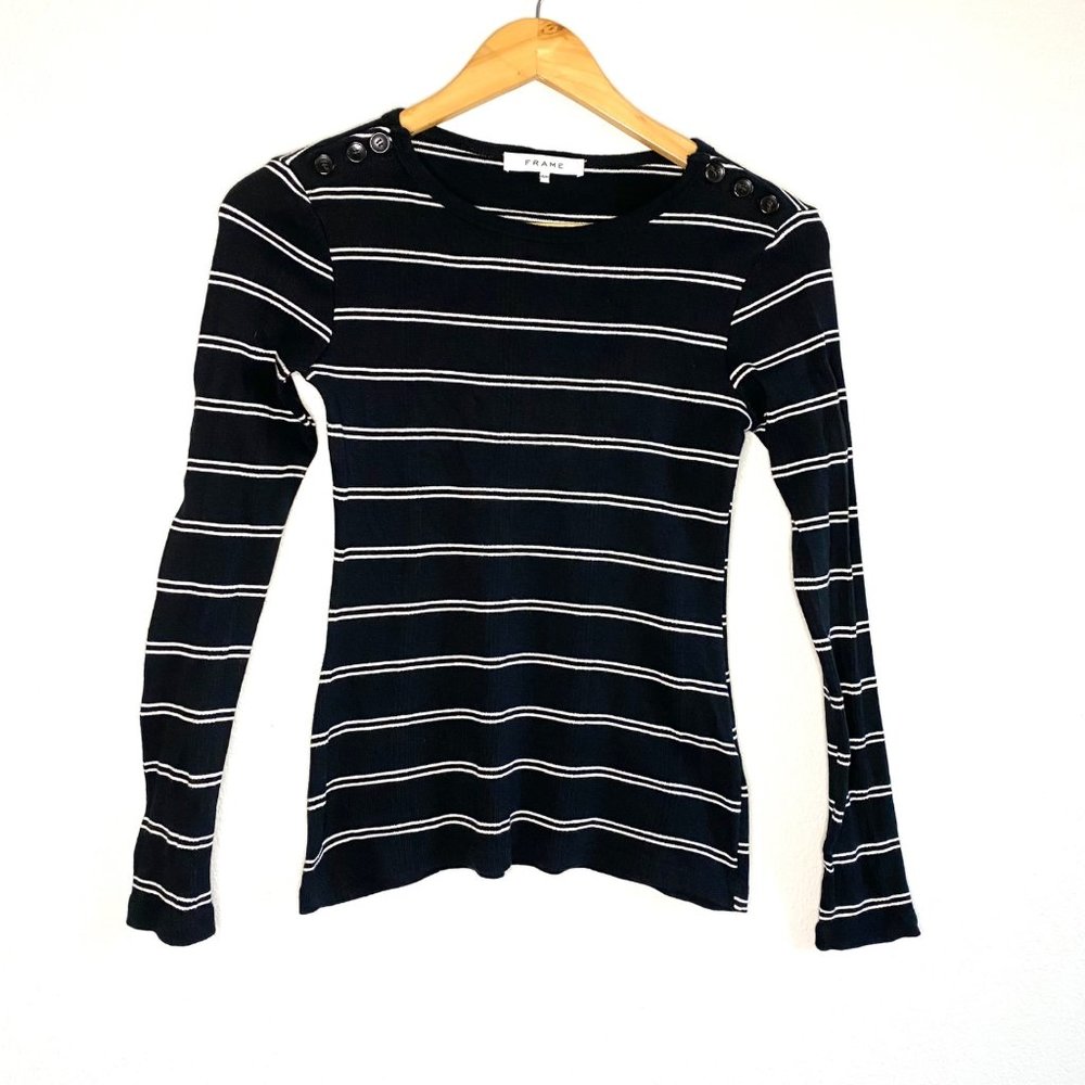 Frame Edie Button Shoulder Detail Black Stripe Ribbed Long Sleeve Top - Picture 2 of 7
